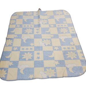 Vintage Y2K Baby Blanket Celestial Sun Moon Stars Fleece Blue Yellow Crown Craft